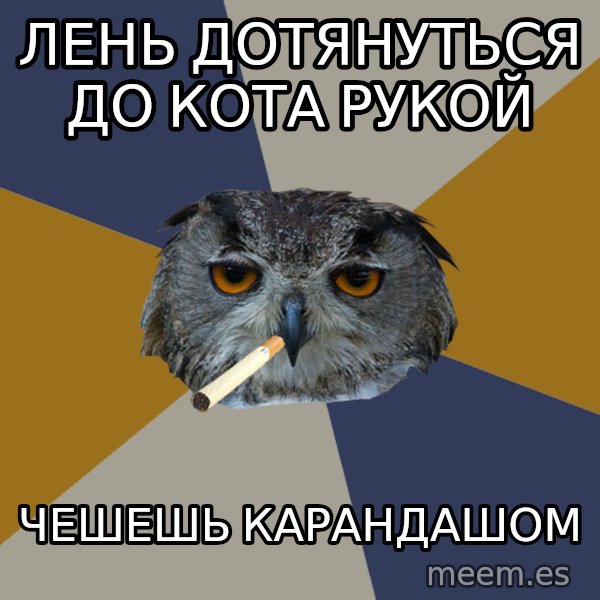 Art Student Owl meme: лень дотянуться до кота рукой / ЧЕШЕШЬ КАРАНДАШОМ