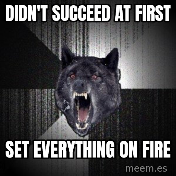 Insanity Wolf meme: DIDN'T SUCCEED AT FIRST / SET EVERYTHING ON FIRE