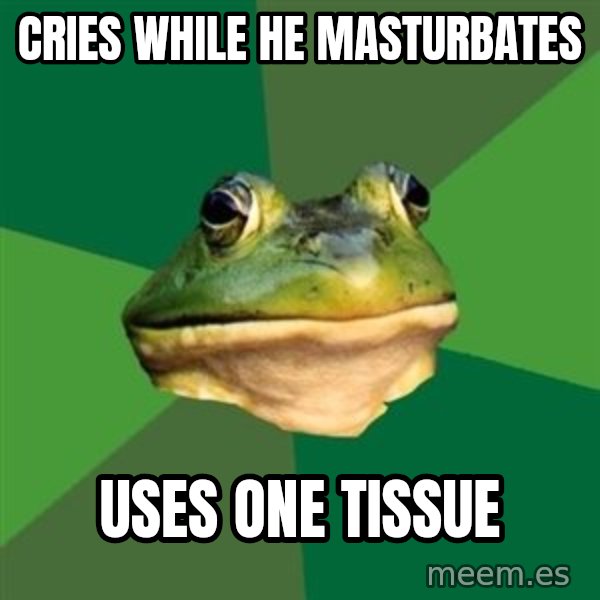 Foul Bachelor Frog meme: CRIES WHILE HE MASTURBATES / USES ONE TISSUE