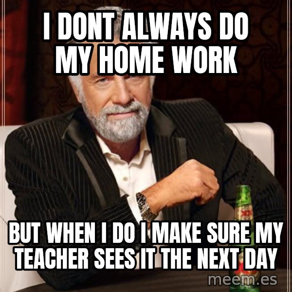 The Most Interesting Man In The World meme: i dont always do my home work / but when i do i make sure my teacher sees it the next day