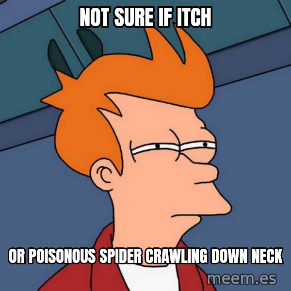 Futurama Fry meme: not sure if itch / or poisonous spider crawling down neck