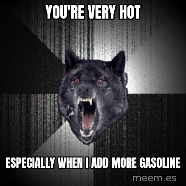 Insanity Wolf meme: You're very hot / especially when I add more gasoline