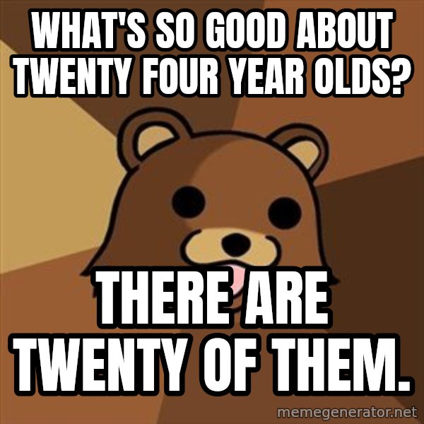 Pedobear meme: what's so good about twenty four year olds? / there are twenty of them.