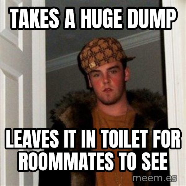 Scumbag Steve meme: Takes a huge dump / Leaves it in toilet for roommates to see