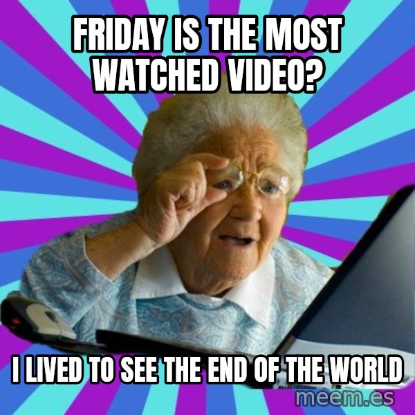 old lady meme: Friday is the most WATCHED video? / I lived to see the end of the world