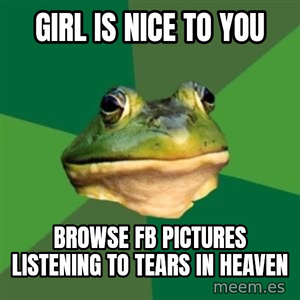 Foul Bachelor Frog meme: Girl is nice to you / Browse fb pictures listening to tears in heaven