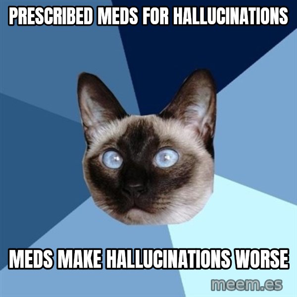 Chronic Illness Cat meme: prescribed meds for hallucinations / meds make hallucinations worse