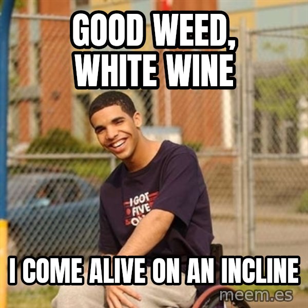 Drake Wheelchair meme: Good weed, white wine / i come alive on an incline
