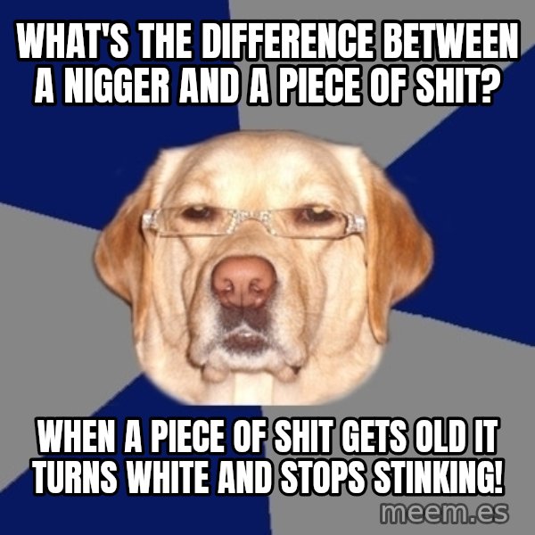 Racist Dawg meme: What's the difference between a nigger and a piece of shit? / When a piece of shit gets old it turns white and stops stinking!
