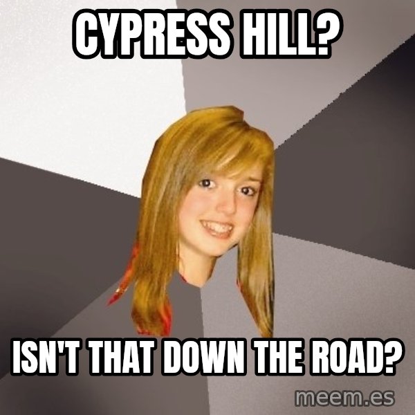 Musically Oblivious 8th Grader meme: Cypress hill? / Isn't that down the road?