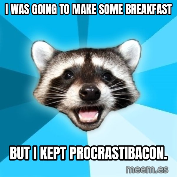 Lame Pun Coon meme: i was going to make some breakfast / but i kept procrastibacon.