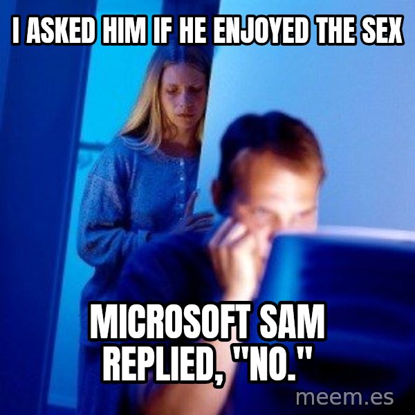 Internet Husband meme: I asked him if he enjoyed the sex / microsoft sam replied, "no."
