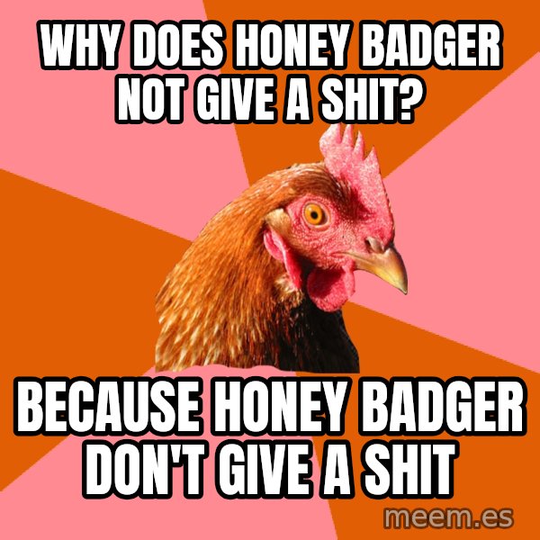 Anti Joke Chicken meme: why does honey badger not give a shit? / because honey badger don't give a shit