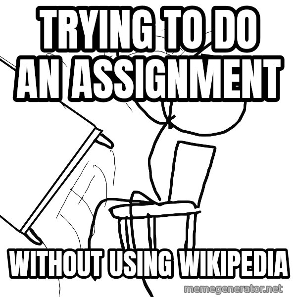 Desk Flip Rage Guy meme: trying to do an assignment / without using wikipedia