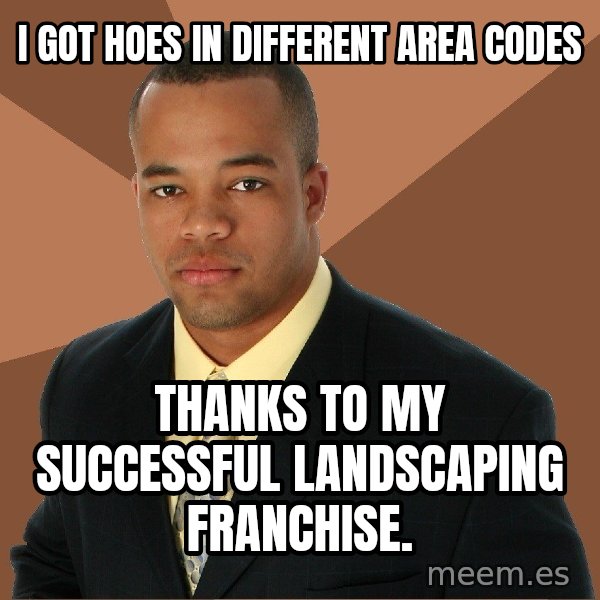 Successful Black Man meme: I got hoes in different area codes / thanks to my successful landscaping franchise.