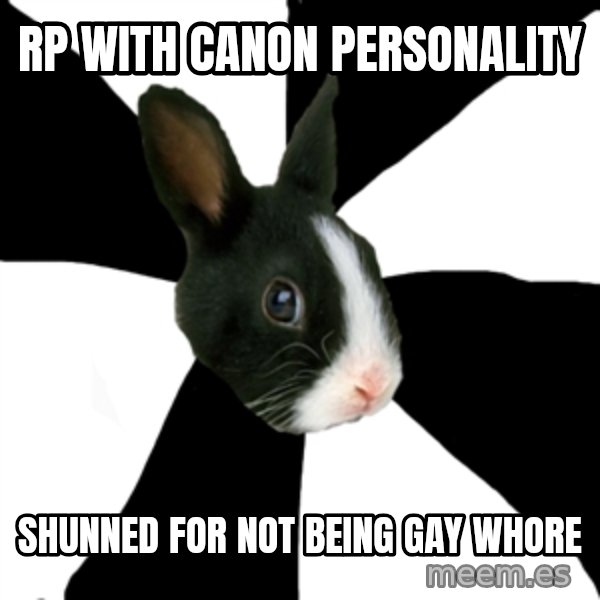 Roleplaying Rabbit meme: RP WITH CANON PERSONALITY / SHUNNED FOR NOT BEING GAY WHORE