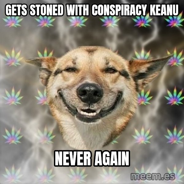 Stoner Dog meme: Gets stoned with conspiracy keanu / never again