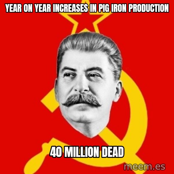 Stalin Says meme: year on year increases in pig iron production / 40 million deAD