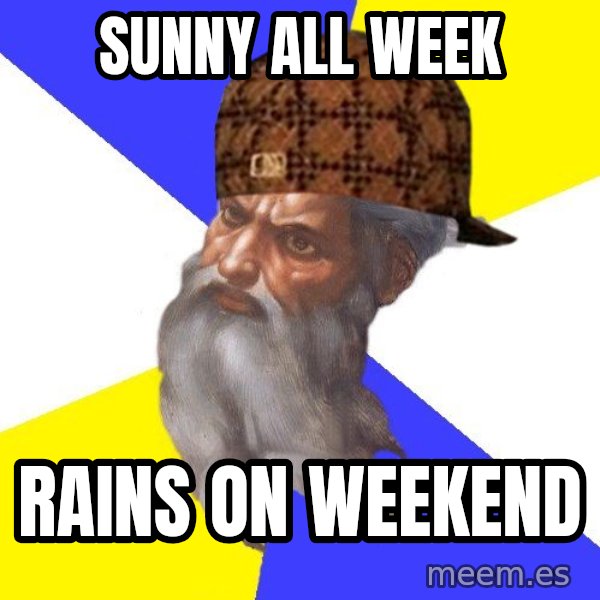 Scumbag God meme: Sunny all week / rains on weekend