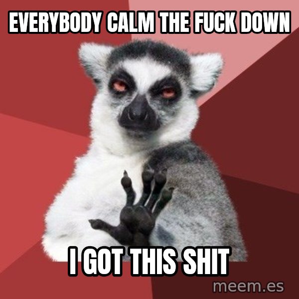 Chill Out Lemur meme: everybody calm the fuck down / i got this shit