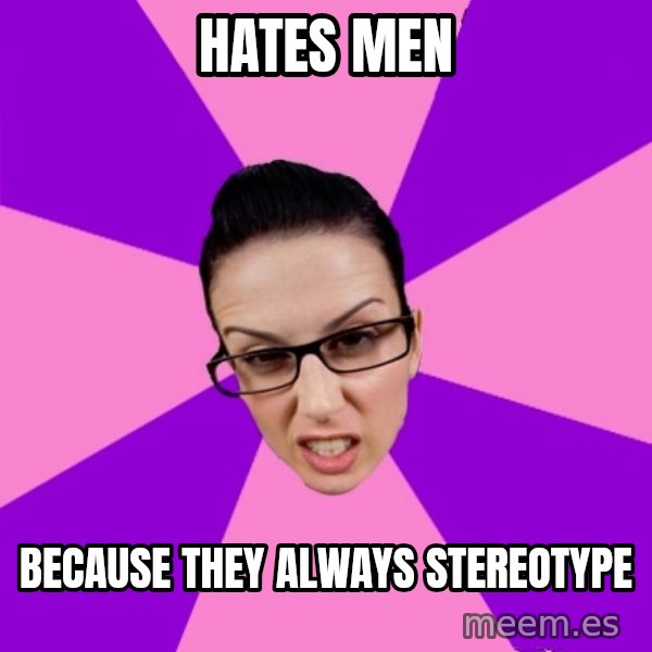 Privilege Denying Feminist meme: hates men / because they always stereotype
