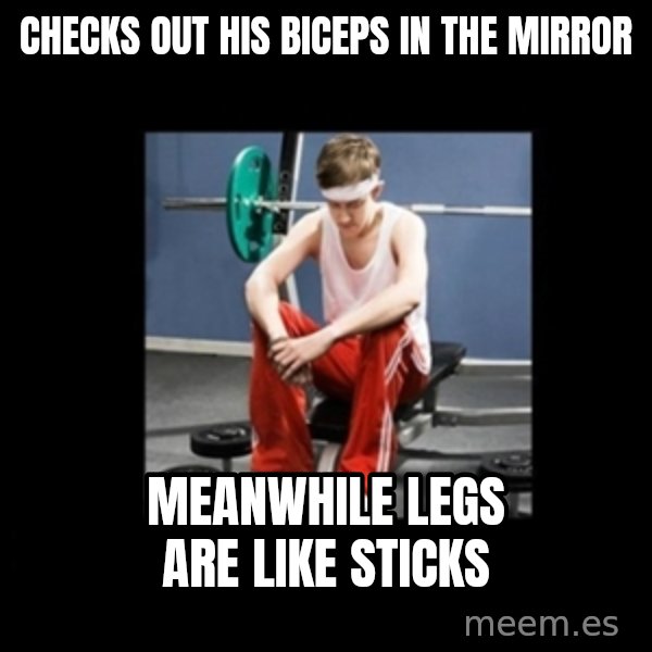 Annoying Gym Newbie meme: checks out his biceps in the mirror / meanwhile legs are like sticks