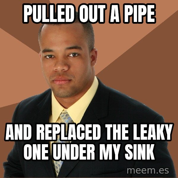 Successful Black Man meme: pulled out a pipe / and replaced the leaky one under my sink