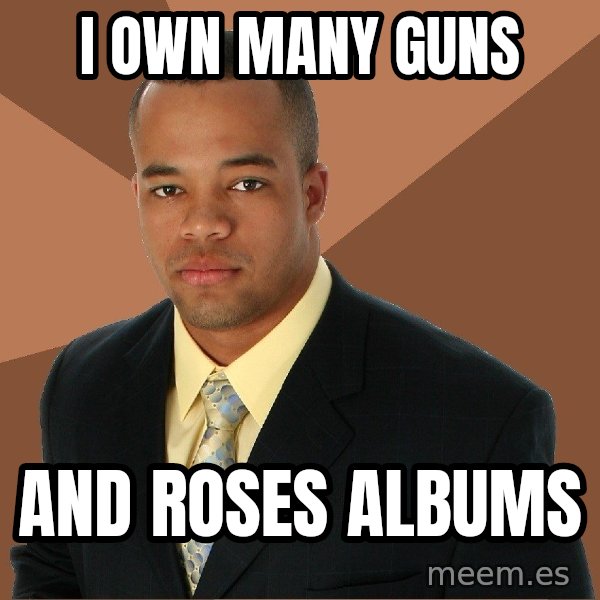 Successful Black Man meme: I own many guns / and roses albums