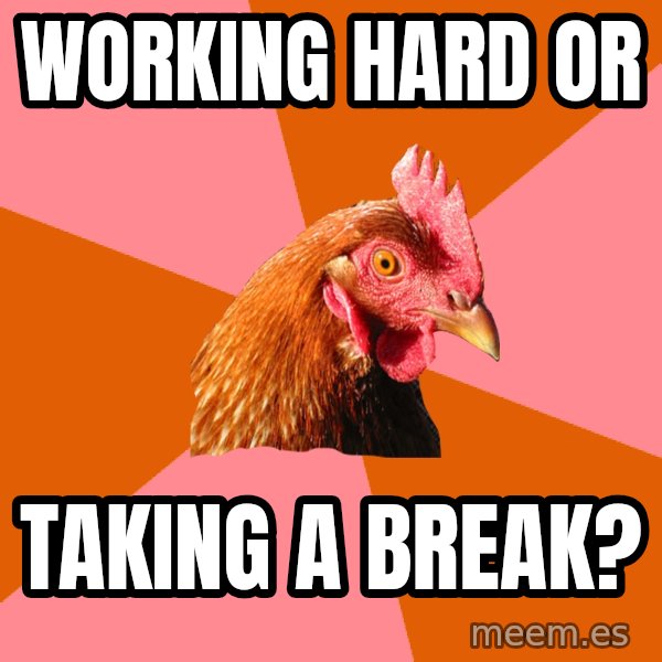 Anti Joke Chicken meme: working hard or / taking a break?