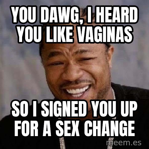 Yo Dawg meme: You dawg, i heard you like vaginas / so i signed you up for a sex change