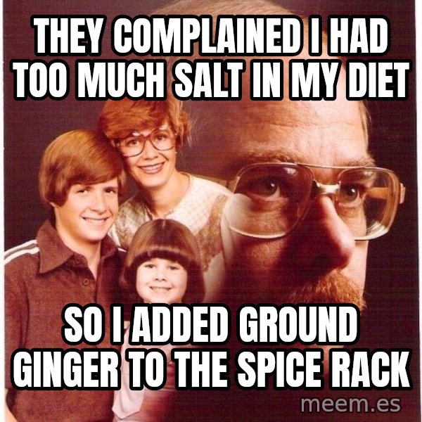Vengeance Dad meme: they complained i had too much salt in my diet / so i added ground ginger to the spice rack