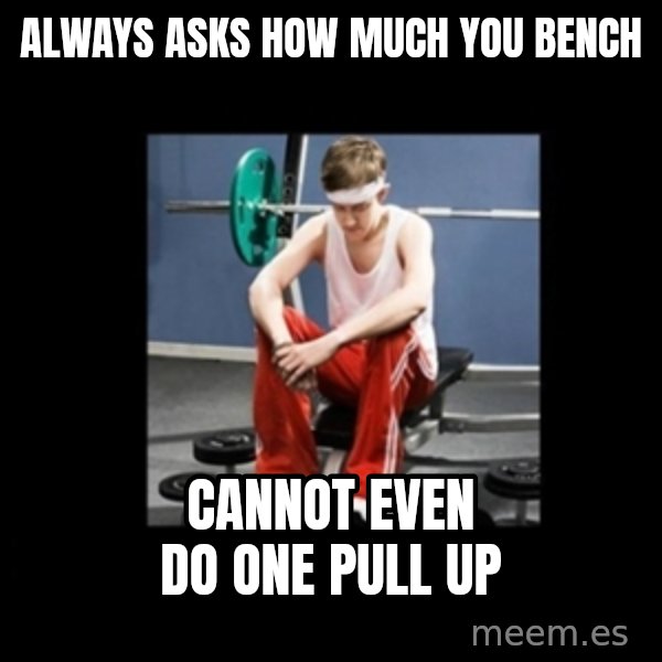 Annoying Gym Newbie meme: always asks how much you bench / cannot even do one pull up