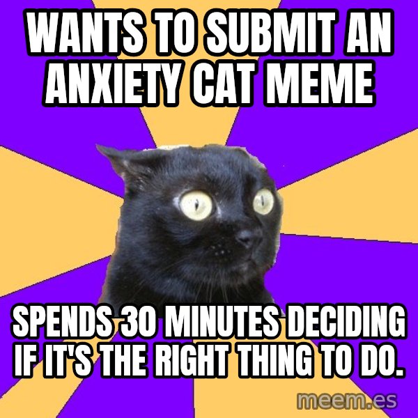 Anxiety Cat meme: WANTS TO SUBMIT AN ANXIETY CAT MEME / SPENDS 30 MINUTES DECIDING IF IT'S THE RIGHT THING TO DO.