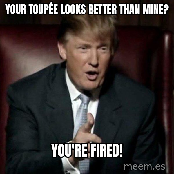 Donald Trump meme: your toupée looks better than mine? / you're fired!