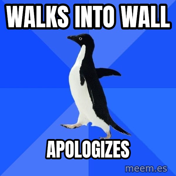 Socially Awkward Penguin meme: Walks into wall / apologizes