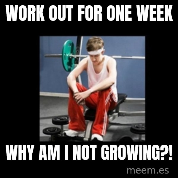 Annoying Gym Newbie meme: work out for one week / why am i not growing?!