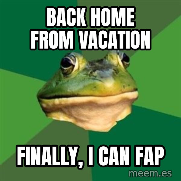 Foul Bachelor Frog meme: Back home from vacation / finally, i can fap