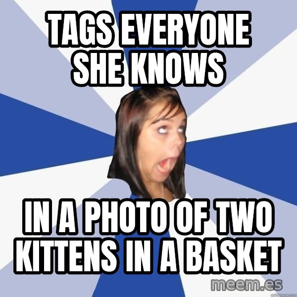 Annoying Facebook Girl meme: TAGs everyone she knows / in a photo of two kittens in a basket