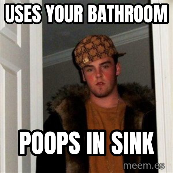 Scumbag Steve meme: uses your bathroom / poops in sink