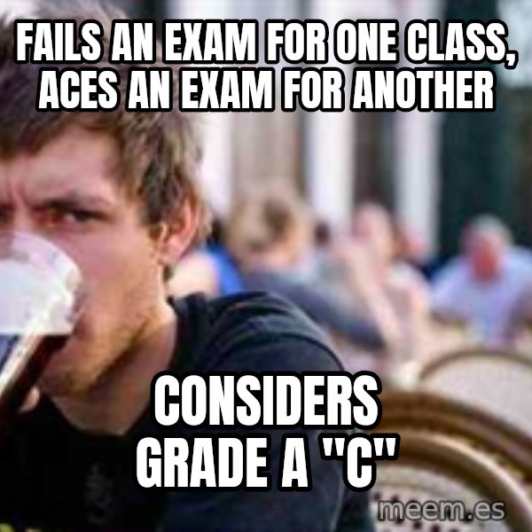 The Lazy College Senior meme: fails an exam for one class, aces an exam for another / considers grade a "c"