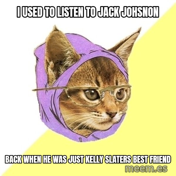 Hipster Kitty meme: I used to listen to jack johsnon / back when he was just kelly slaters best friend