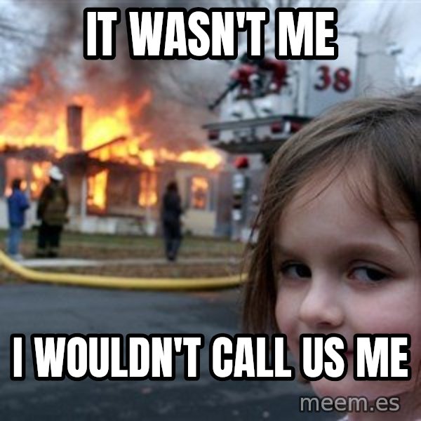 Disaster Girl meme: IT wasn't Me / I wouldn't call us me