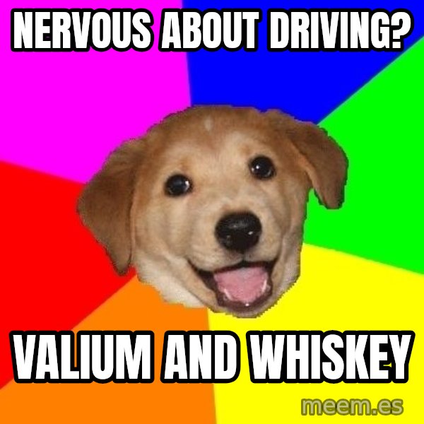 Advice Dog meme: Nervous about Driving? / valium and whiskey