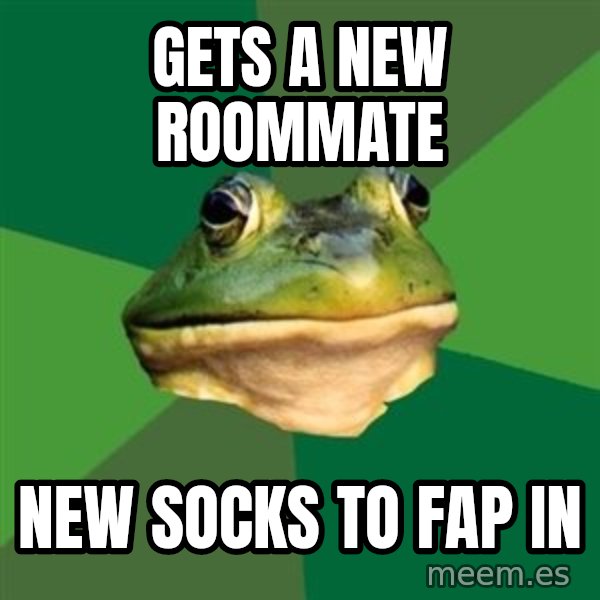 Foul Bachelor Frog meme: gets a new roommate / new socks to fap in