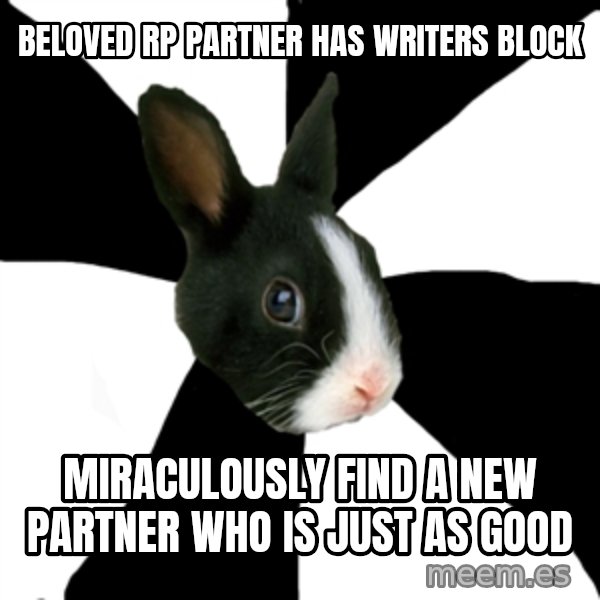 Roleplaying Rabbit meme: beloved rp partner has writers block / miraculously find a new partner who is just as good
