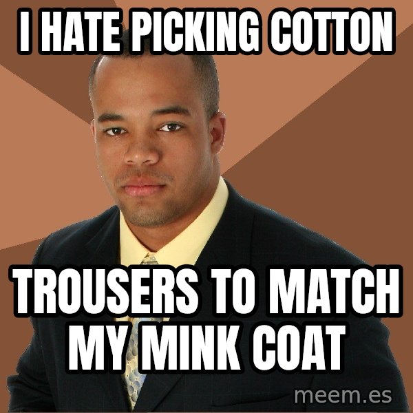 Successful Black Man meme: I hate picking cotton / Trousers to match my mink coat