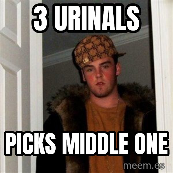 Scumbag Steve meme: 3 urinals / picks middle one