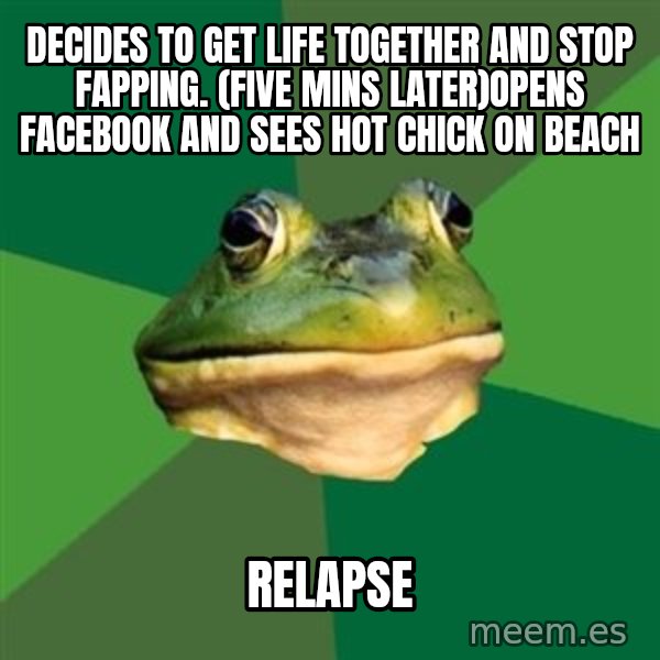 Foul Bachelor Frog meme: Decides to get life together and stop fapping. (five mins later)opens facebook and sees hot chick on beach / relapse