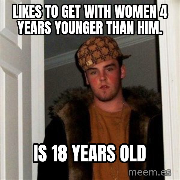 Scumbag Steve meme: Likes TO GET WITH WOMEN 4 YEARS YOUNGEr THaN HIM. / IS 18 YEARS OLD