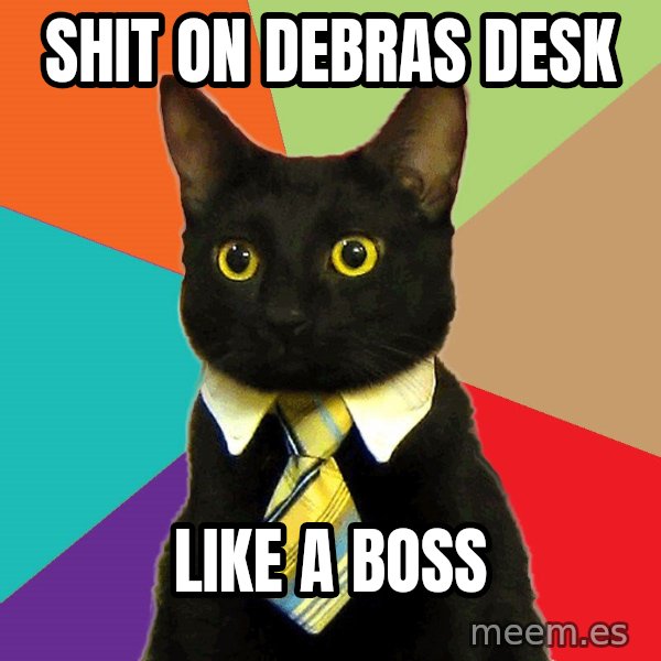 Business Cat meme: SHIT ON DEBRAS DESK / LIKE A BOSS